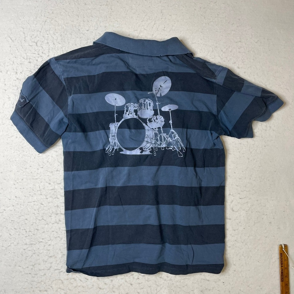 Hard Rock Cafe Myrtle‎ Beach Mens XL Polo Shirt Blue Striped Drum Set Graphic